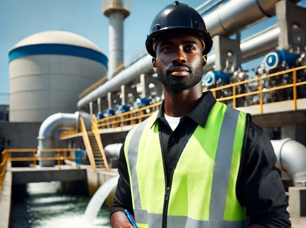 african american wastewater operator looking a treatment plant