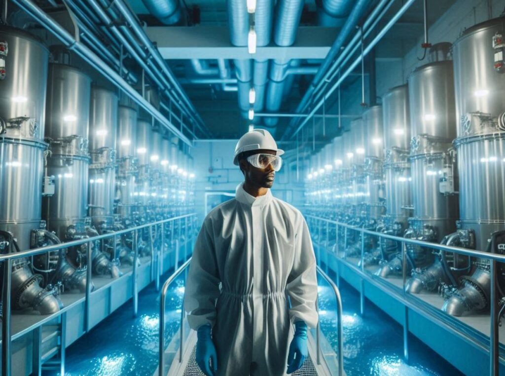 A Comprehensive Guide to Wastewater Treatment Processes wastewater operator in UV disinfection building
