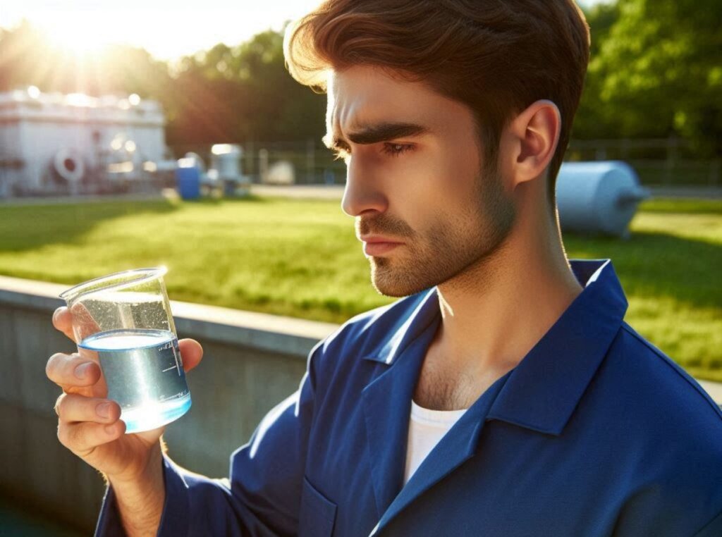operator looking a water sample in a beaker