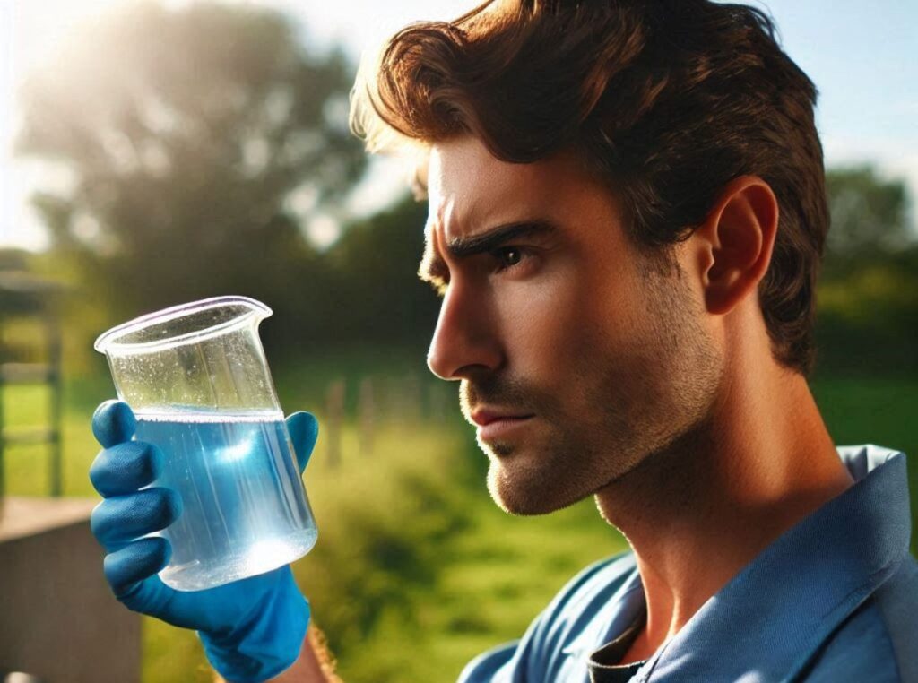 operator looking a water sample in a beaker
