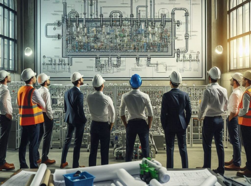 wastewater operators and engineers looking at blueprints