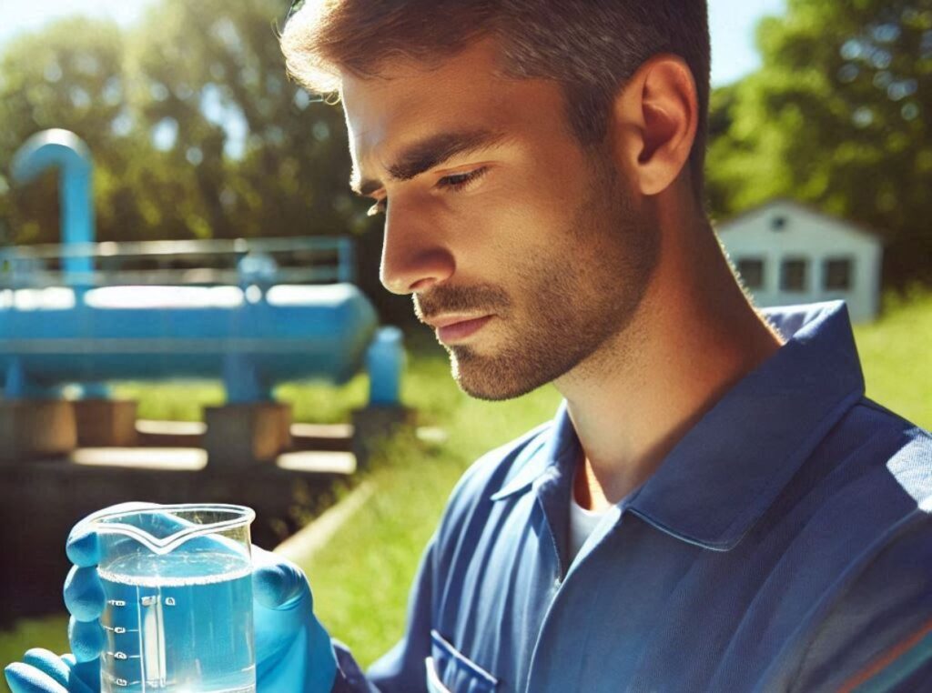 operator looking a water sample in a beaker
