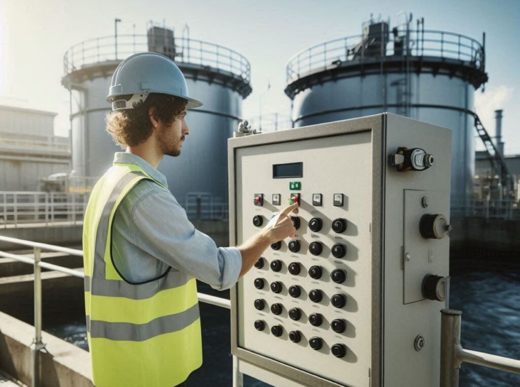 A wastewater operator in a high-visibility vest and hard hat is pressing buttons on a Human-Machine Interface (HMI)2
