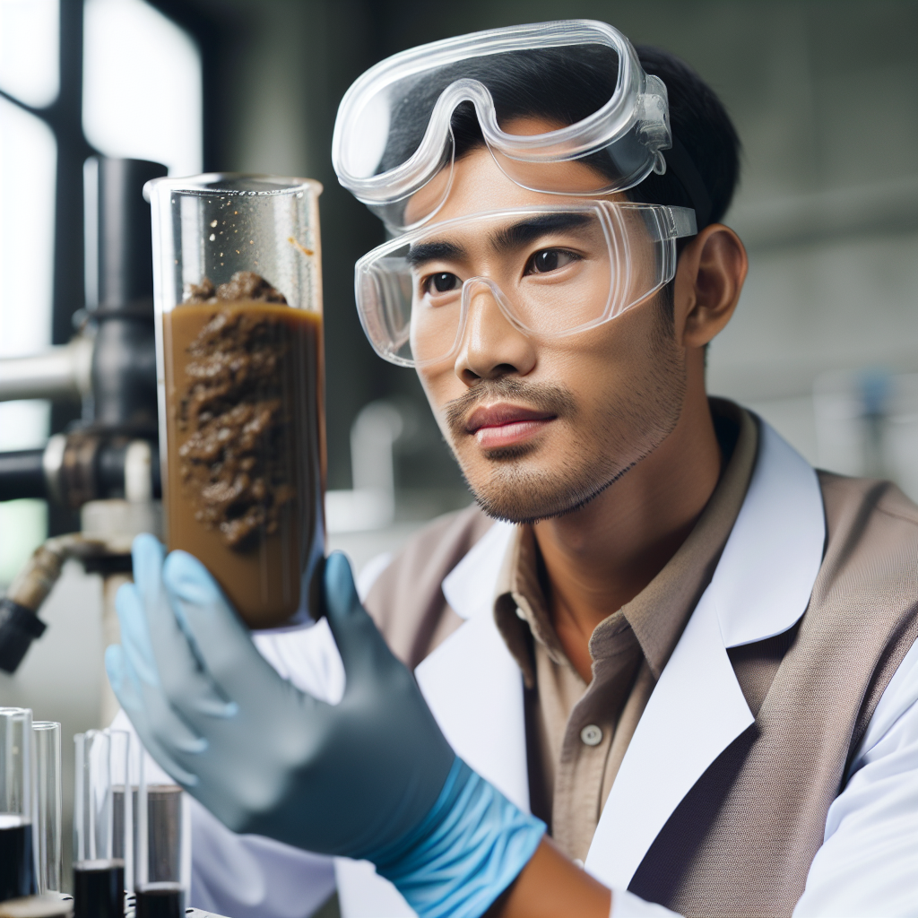 operator holding a sludge sample