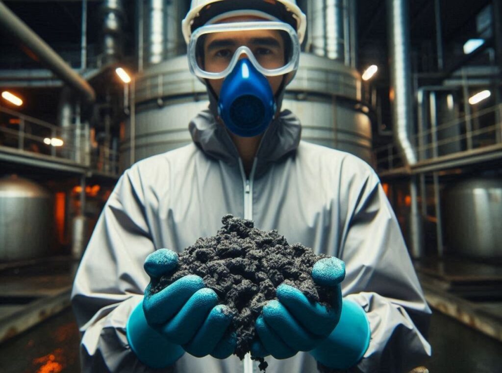 wastewater operator holding a handful of dried wastewater sludge (3)