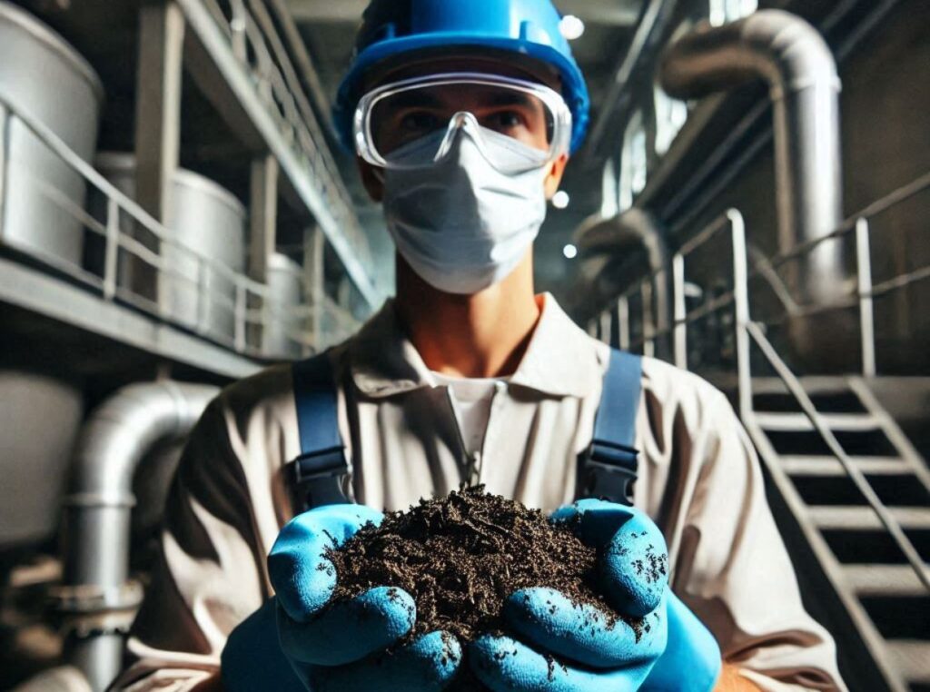 wastewater operator holding a handful of dried wastewater sludge (4)