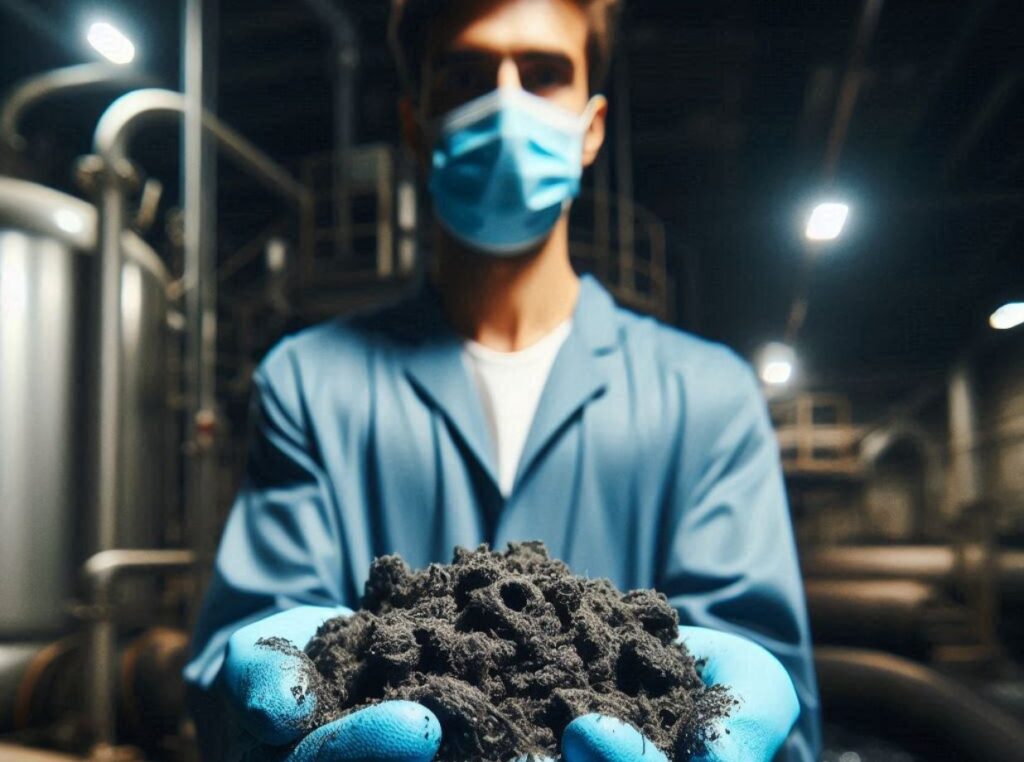 wastewater operator holding a handful of dried wastewater sludge (5)
