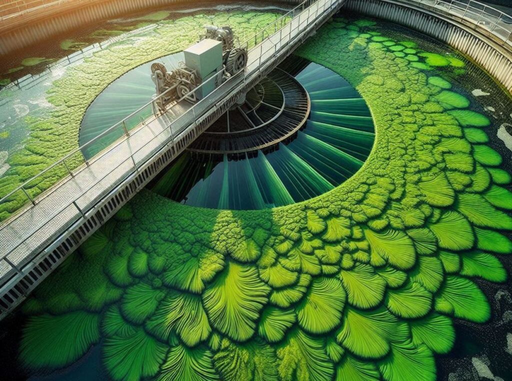 clarifiers with algae on the surface