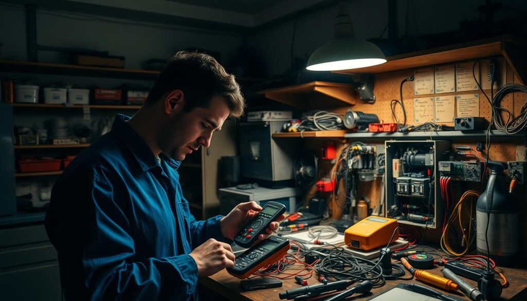 A dimly lit workshop filled with various electrical tools and equipment. In the foreground, a technician in a blue jumpsuit is carefully examining a circuit board with a multimeter, brow furrowed in concentration. Behind them, a workbench cluttered with wire, connectors, and a disassembled electrical panel. Shelves on the walls hold an array of spare parts and diagnostic equipment. The room is illuminated by a single overhead lamp casting long shadows, creating a moody, problem-solving atmosphere. The focus is on the troubleshooting process, showcasing the expertise and methodical approach required to identify and resolve electrical issues in a wastewater system.