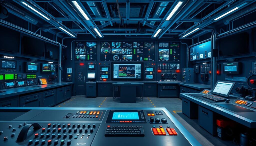 A sophisticated industrial control room, with arrays of digital displays, blinking indicator lights, and sleek consoles arranged in a precise, symmetrical layout. The space is bathed in a cool, blue-tinged lighting, creating a serene, high-tech ambiance. In the foreground, a panel of knobs, switches, and buttons hints at the intricate customization and manual control capabilities of the system. The middle ground features a large, central touchscreen display, showing real-time monitoring data and performance metrics. The background showcases a grid of smaller screens, each displaying a different aspect of the overall system, creating a visual tapestry of information. The entire scene conveys a sense of precision, efficiency, and technological mastery over complex wastewater processes.