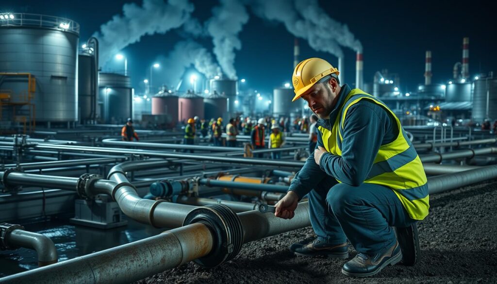 A sprawling wastewater treatment facility, its pipes and tanks illuminated by harsh industrial lighting. In the foreground, a technician in a reflective safety vest kneels beside a burst pipe, wrench in hand, as they hurriedly work to contain the leak. The middle ground is a chaotic scene of workers rushing to address the issue, while in the background, the looming silhouettes of storage silos and smokestacks loom. The overall mood is one of urgency, with a sense of disruptption to the normal operations. The image captures the reactive nature of maintenance work in the wastewater industry, where unexpected breakdowns require swift action to restore functionality and prevent further damage.