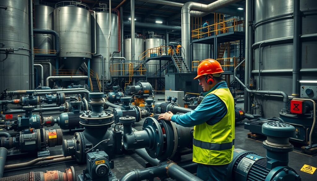 A sprawling wastewater treatment plant, with towering tanks and pipes snaking through the scene. In the foreground, a worker in a high-visibility safety vest carefully secures a large valve, locking out the system to prevent accidental activation. Scattered throughout the middle ground, various pumps, motors, and other critical equipment are tagged with bright warning labels, emphasizing the importance of proper LOTO procedures. In the background, a network of catwalks and ladders leads to elevated platforms, where additional workers inspect and maintain the facility. The lighting is harsh and industrial, casting dramatic shadows and highlighting the rugged, utilitarian nature of the space. The overall atmosphere conveys the vital importance of LOTO protocols in safeguarding the complex machinery and systems that keep wastewater treatment plants operational.