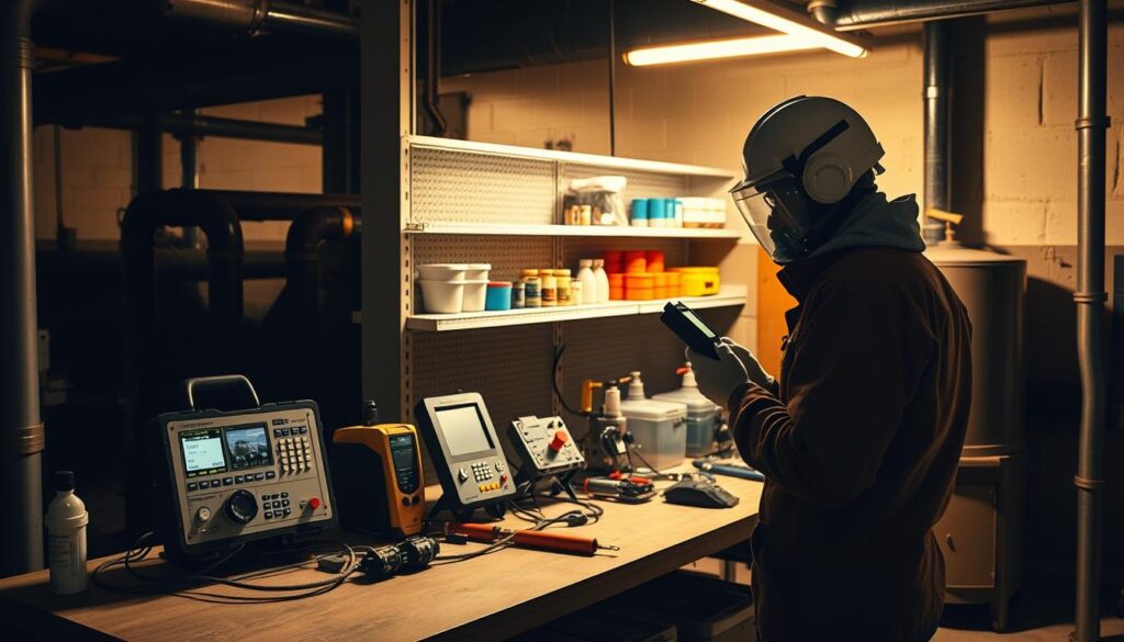 A well-equipped atmospheric testing station situated in a dimly lit industrial setting. In the foreground, a technician in full personal protective equipment carefully checks the readings on a handheld gas detector. Behind them, an array of instruments including a multi-gas monitor, air sampling pump, and confined space ventilation equipment are neatly organized on a sturdy workbench. The middle ground features shelves stocked with spare sensors, calibration gases, and other essential tools. In the background, shadowy machinery and piping suggest the broader wastewater treatment environment. Warm, focused task lighting illuminates the scene, casting dramatic shadows and highlighting the importance of the safety protocols being followed.