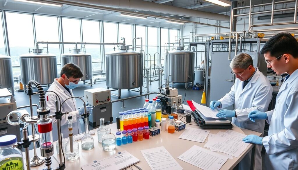 A well-equipped wastewater compliance lab, with technicians in white coats diligently conducting chemical analysis on water samples. The foreground features intricate glassware, titration equipment, and precision instruments. In the middle ground, a lab bench displays colorful reagents and neatly organized paperwork. The background showcases a panoramic view of the facility, with stainless steel tanks, pipes, and monitoring systems visible through large windows, conveying the industrial scale of wastewater treatment. Soft, directional lighting casts an authoritative, yet clinical atmosphere, highlighting the importance of rigorous testing to ensure regulatory compliance.