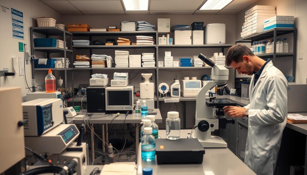 A well-equipped wastewater testing laboratory with modern equipment and instruments. In the foreground, a scientist in a white lab coat is carefully analyzing water samples under a high-powered microscope. The middle ground features various analytical instruments such as spectrophotometers, pH meters, and dissolved oxygen sensors, all neatly arranged on sturdy lab benches. The background shows shelves stocked with reference materials, standard solutions, and other essential supplies for comprehensive wastewater analysis. Indirect lighting casts a warm, professional glow over the entire scene, creating a sense of precision and diligence in the pursuit of water quality data.