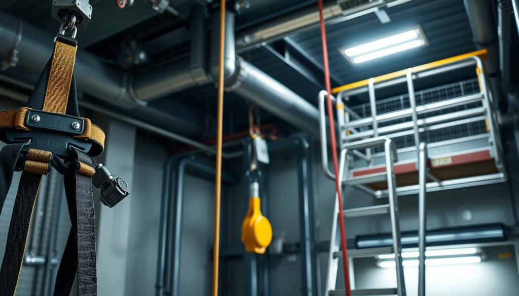 A well-lit industrial interior showcasing a comprehensive fall protection system. In the foreground, a robust harness and shock-absorbing lanyard hang from sturdy anchor points on the ceiling. In the middle ground, a retractable lifeline is mounted on the wall, its mechanism clearly visible. In the background, a ladder with non-slip rungs and safety cages leads up to a raised platform protected by sturdy guardrails. The scene conveys a sense of safety and attention to detail, reflecting the importance of fall protection in a wastewater plant environment.