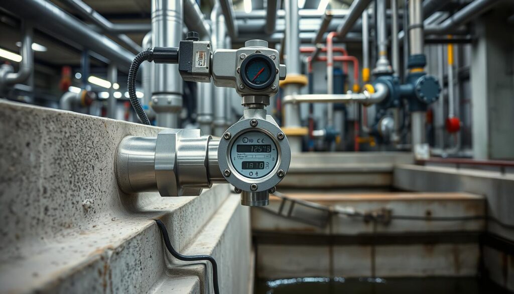 Detailed flow measurement in a wastewater treatment plant. A stainless steel flow meter installed in a concrete channel, measuring the volumetric flow rate of sewage. The meter is surrounded by a well-lit, industrial environment with exposed piping, valves, and machinery in the background. Bright, even lighting casts subtle shadows, highlighting the intricate engineering and precision instrumentation. The overall scene conveys the importance of accurate flow monitoring in maintaining effective wastewater management.