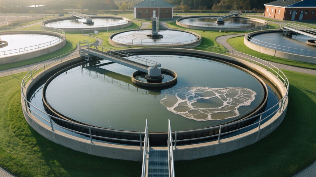 Aerial view of a modern wastewater treatment plant with large circular clarifier basins. The foreground shows a round sedimentation tank filled with water, equipped with a rotating scraper arm and surrounded by a white guardrail and stair access. Several more clarifiers and treatment tanks are visible in the background, along with brick buildings housing plant equipment. The facility is neatly landscaped with green grass and paved walkways between the structures, showcasing a clean and organized layout.