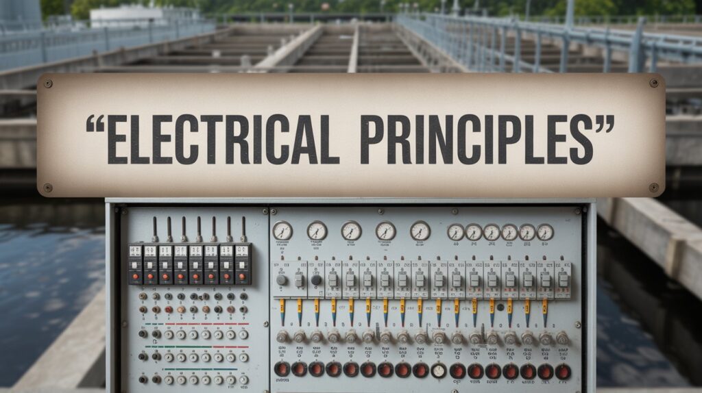 A photograph of a vintage electrical substation control panel, featuring a complex array of switches, gauges, and wiring. The panel is predominantly gray and silver with pops of red and yellow indicating various voltage levels, and the title “Electrical Principles” is prominently displayed in a faded black font across the top in "double quotes". Behind the panel, a blurred image depicts a wastewater treatment plant with pipes and tanks, suggesting the operational context. Soft, directional lighting highlights the texture of the metal and emphasizes the intricate details of the control panel, conveying a sense of technical expertise.