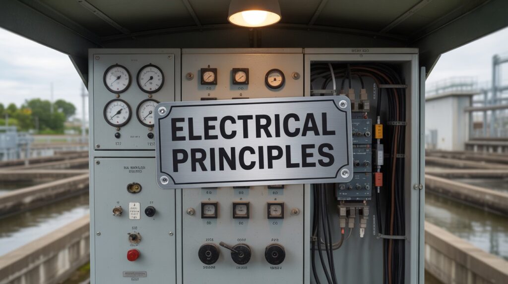 A photograph of a vintage electrical substation control panel with various gauges, switches, and wires prominently displayed. A small, silver metal tag is affixed to the panel that reads "Electrical Principles" in clear, bold lettering. The panel is partially illuminated by a single overhead lamp casting shadows and highlighting the intricate details, with a blurred image of a wastewater treatment plant in the background. The overall composition conveys a sense of industrial functionality and technical expertise.