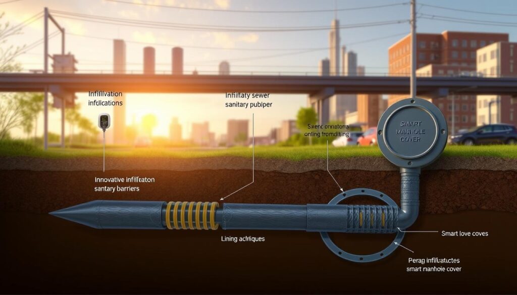 A detailed, technical illustration of infrastructure solutions for infiltration and inflow issues. In the foreground, a cross-section of a sanitary sewer system with innovative infiltration barriers and lining techniques. In the middle ground, advanced monitoring equipment and a smart manhole cover. In the background, a cityscape with underground utilities visible, cast in a warm, late-afternoon light. The scene conveys a sense of purpose and problem-solving, with a focus on practical, engineered interventions to address these common municipal challenges.