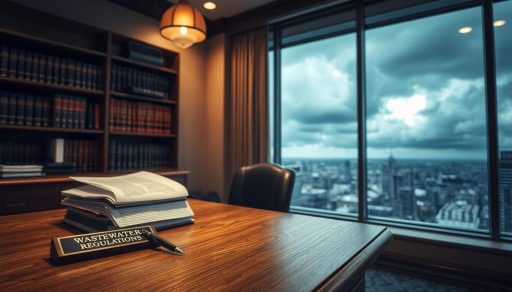 A dimly lit office interior, with a large oak desk in the foreground. On the desk, a stack of papers, a pen, and a plaque that reads "Wastewater Regulations". In the middle ground, a bookshelf filled with legal volumes and binders. The background features a window overlooking a cityscape, the skies heavy with storm clouds, conveying a sense of seriousness and gravitas. The lighting is warm and muted, creating a contemplative atmosphere. The camera angle is slightly angled, suggesting the importance and complexity of the subject matter.