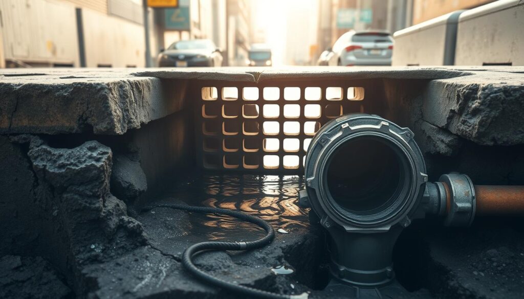 Detailed cross-section of a storm drain system, showcasing the infiltration of surface water through cracks and joints. Gritty urban environment, with crumbling concrete and rusted metal pipes visible in the foreground. Diffused natural light filters through a grille in the middle ground, casting long shadows and highlighting the complex network of underground infrastructure. In the background, a hint of a bustling city street above, emphasizing the hidden nature of this critical part of the water management system. Realistic textures, muted colors, and a sense of technical precision to convey the importance and complexity of this primary source of inflow.