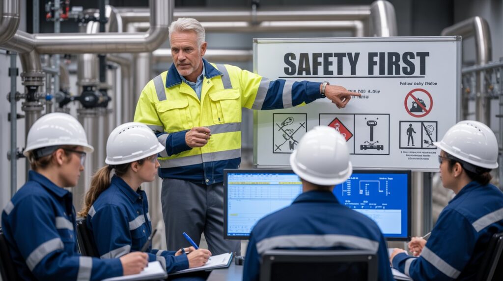 A photograph of a wastewater treatment plant supervisor delivering a safety briefing to his team in a brightly lit control room. The supervisor, wearing a bright yellow high-visibility vest and a confident expression, gestures towards a whiteboard displaying "SAFETY FIRST" in bold black letters, with diagrams illustrating hazard symbols and emergency procedures. Below the whiteboard, three attentive operators in navy blue work uniforms, hard hats, and safety glasses take notes, their faces illuminated by the glow of computer monitors displaying real-time system data. The background shows stainless steel pipes, valves, and control panels, contributing to the technical and professional atmosphere of the modern facility.