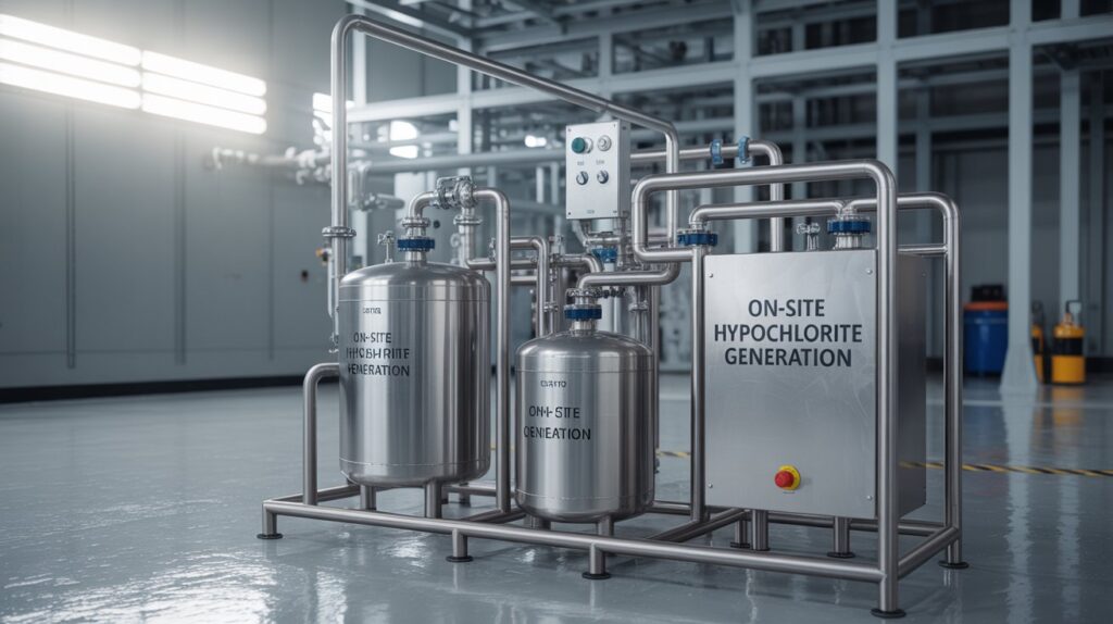 A photograph of an "ON-SITE HYPOCHLORITE GENERATION" system set against a backdrop of a modern industrial facility. The system consists of stainless steel tanks, pipes, and control panels, all neatly arranged and labeled with clear, concise markings. Bright, diffused lighting illuminates the machinery, highlighting the clean and efficient design, with a faint reflection in the polished metal surfaces. The scene conveys a sense of precision and technological innovation within a well-maintained industrial environment.
