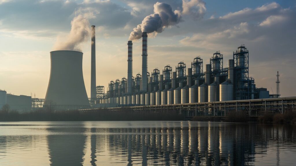 A wide-angle photograph of a massive industrial complex with towering smokestacks and steel structures silhouetted against a dramatic sky. The plant features multiple cooling towers releasing white steam, interconnected pipelines, and rows of metallic storage tanks, all rendered in muted grays and blues. In the foreground, a calm body of water reflects the industrial skyline, creating mirror-like duplications of the facility's geometric forms. Soft evening light filters through the atmospheric haze, casting long shadows across the water's surface and giving the scene a cinematic, almost melancholic quality.